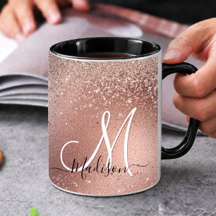 Taza Cute monograma de purpurina falsa de oro rosa