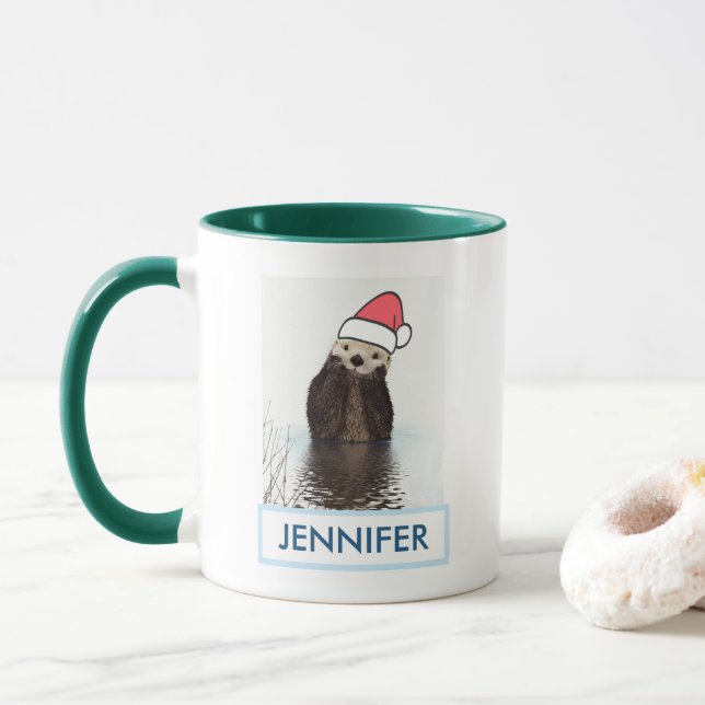 Taza Cute Otter llevando un Navidad de Santa Hat (Con donut)