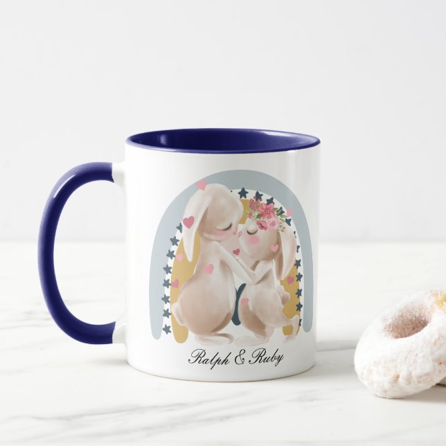 Taza Cute Pareja Conejito Arcoiris Personalizado Regalo (Con donut)
