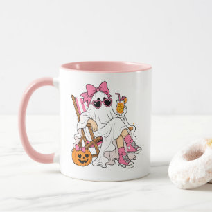 Taza Cute Pink Coquette Fantasma Playa Halloween