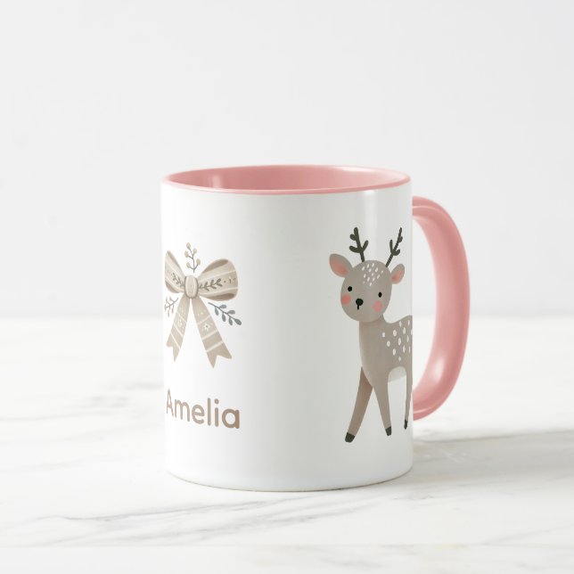 Taza Cute Reindeer & Bow Drawing Christmas Name (Anverso derecho)