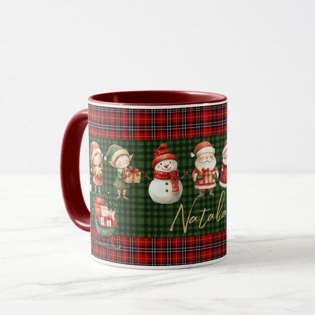 Taza Cute Santa Elves Feliz Navidad Platos Rojos Verdes (Anverso izquierdo)