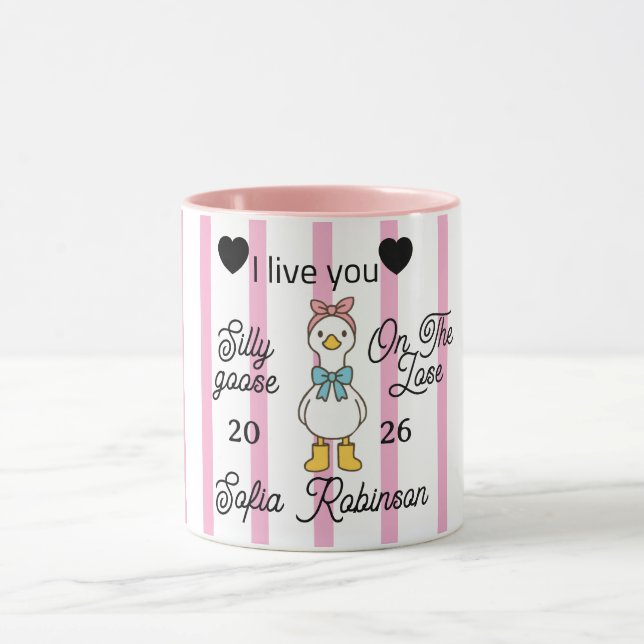 Taza Cute Silly Goose Pink Stripe Personalized Mug (Centro)