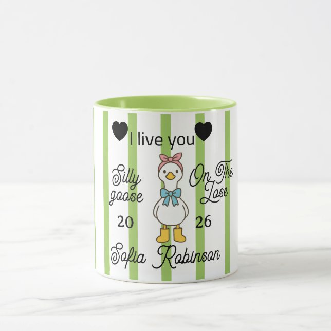 Taza Cute Silly Goose Pink Stripe Personalized Mug (Centro)