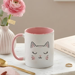 Taza Cute Sleepy Kitty Face Pink & White Mug