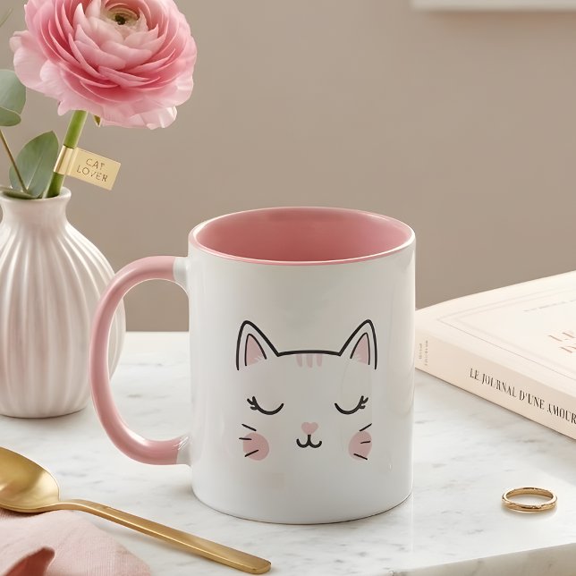 Taza Cute Sleepy Kitty Face Pink & White Mug (Subido por el creador)