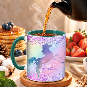 Taza Cute unicorn rosa arte de monograma de arcoíris co