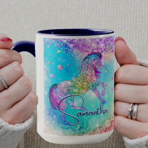 Taza Cute unicornio rosa Glitter arcoíris aqua monogram