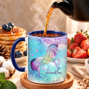 Taza Cute unicornio rosa Glitter arcoíris aqua monogram