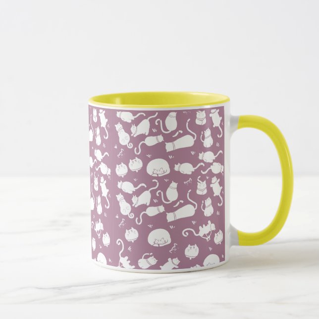 Taza Cute White Cats Pattern on Mauve Background (Derecha)