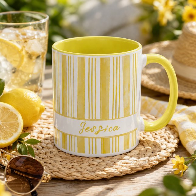 Taza Cute Yellow Striped Custom Name Coffee (Subido por el creador)