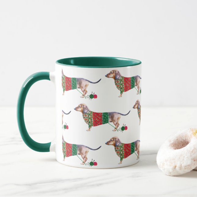 Taza Cuto acuarela dachshund en saltador de navidades (Con donut)