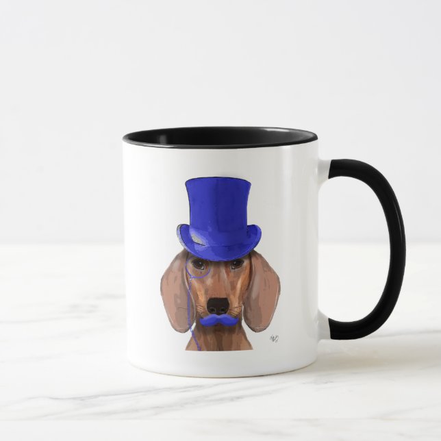 Taza Dachshund con sombrero azul superior y bigote azul (Derecha)