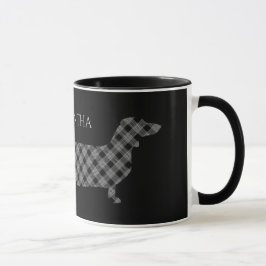 Taza Dachshund de la tela escocesa en negro