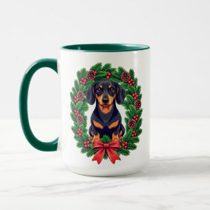 Taza Dachshund de Navidad con Corona de Pino Festiva