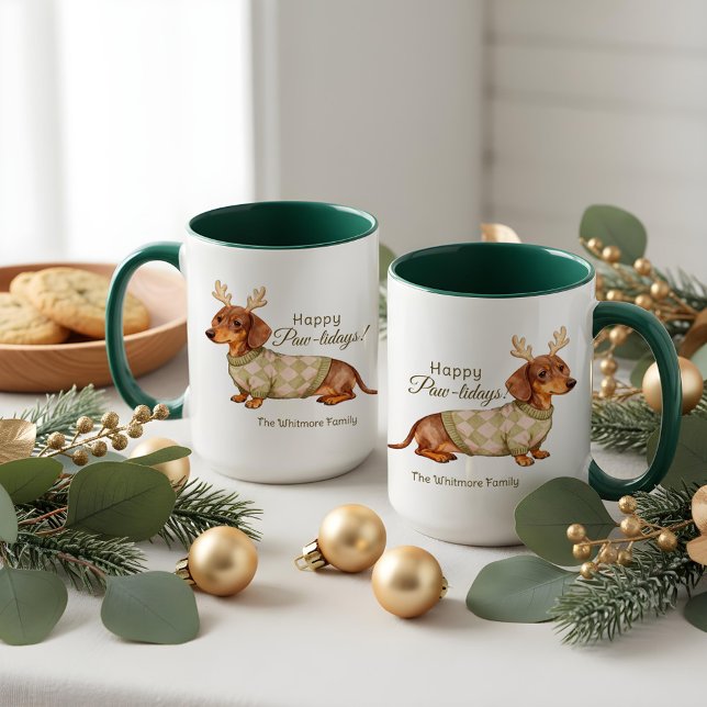 Taza Dachshund Dog Antlers Christmas Checkered Sweater  (Dachshund Dog Antlers Christmas Checkered Sweater Mug)