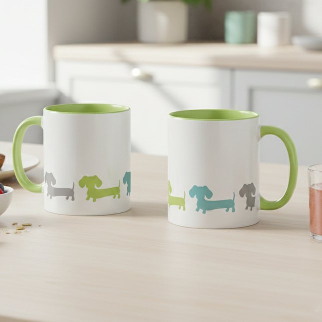 Taza Dachshund Green Blue Coffee Mug (modern dachshund mug with teal, green and gray wiener dogs)