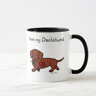Taza Dachshund y un dibujo animado de la flor