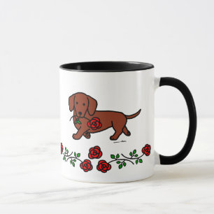 Taza Dachshund y un dibujo animado de la flor