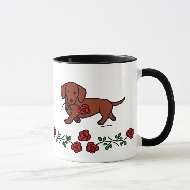 Taza Dachshund y un dibujo animado de la flor (Derecha)