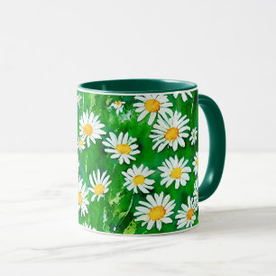 Taza Daisies acuarelas en un campo verde