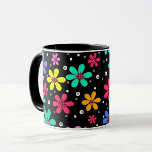 Taza Daisies multicolores sobre fondo negro