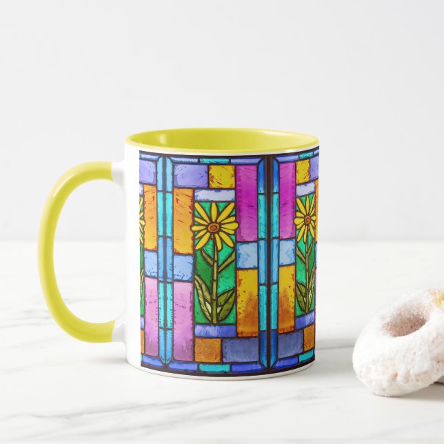 Taza Daisy amarillo de vidrio manchado (Con donut)
