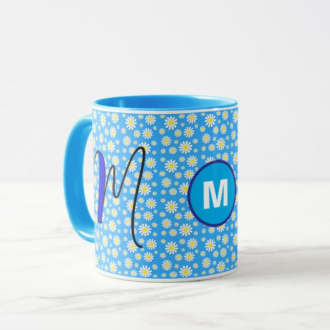 Taza Daisy Monogramado personalizado café azul inicial (Anverso izquierdo)