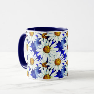Taza Dalias acuarela sobre azul de jeans