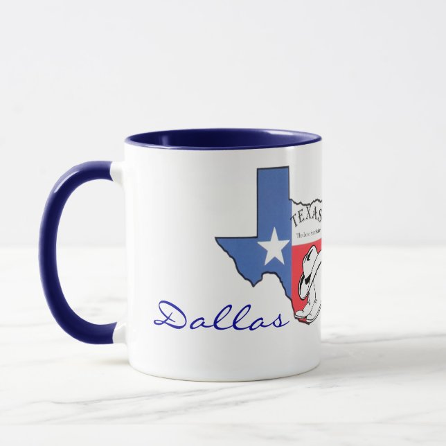 Taza Dallas, Texas State Map with Star, Boots, Gorra Mu (Izquierda)