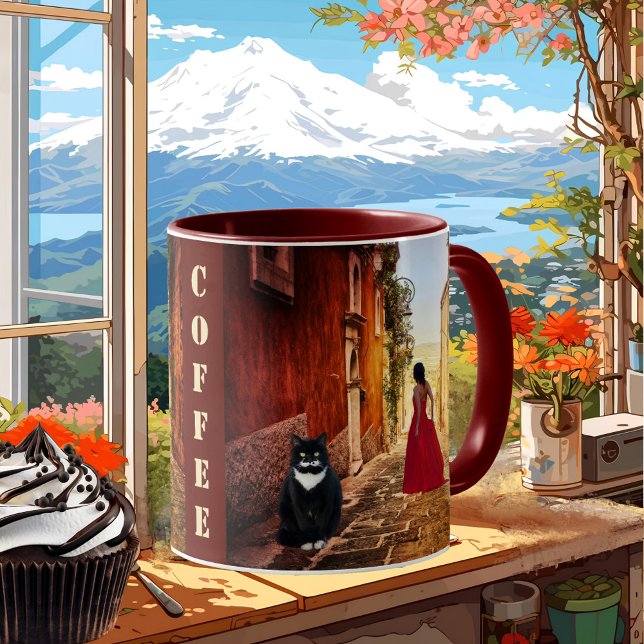 Taza Dama Bella Artes en un gato rojo (Coffee mug featuring a painting of a lady in red with a cute big tuxedo cat in an Italian village)