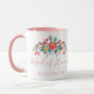 Taza Dama de honor con ramo floral rosa con nombre