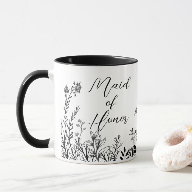 Taza Dama de honor flores silvestres negras y blancas   (Con donut)