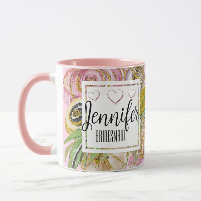 Taza Dama de honor Rosa Dorado Personalizado Chic Flora (Izquierda)