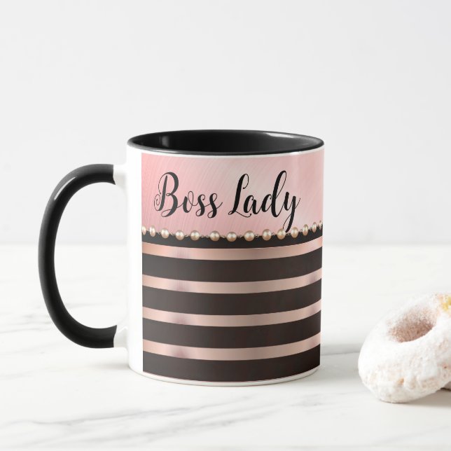 Taza Dama de jefe rayado rosado brillante (Con donut)