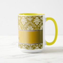 Taza Damasco amarillo del monograma y blanco de oro