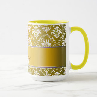 Taza Damasco amarillo del monograma y blanco de oro