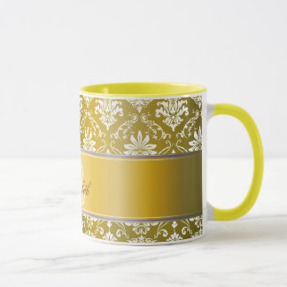 Taza Damasco amarillo del monograma y blanco de oro
