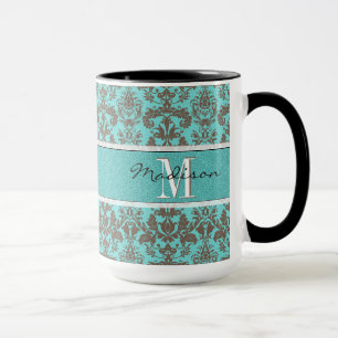 Taza Damasco verde azulado azul turquesa y marrón, pers