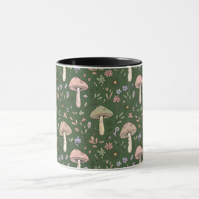 Taza Dark Hunter Green Moody Fungi Seamless Pattern (Centro)