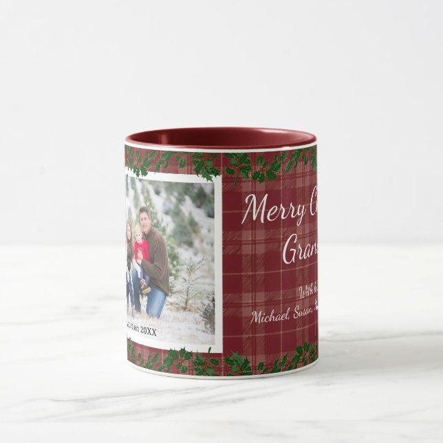 Taza Dark Red Country Christmas Plaid Holiday Photo Mug (Centro)
