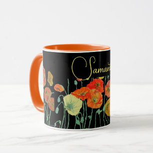 Taza de acuarela de amapolas naranjas y negras