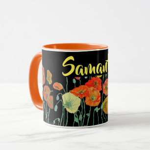 Taza de acuarela de amapolas naranjas y negras