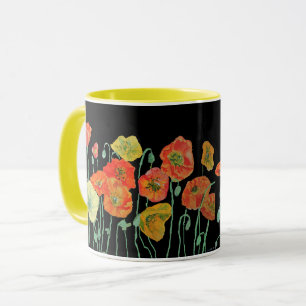 Taza de acuarela de amapolas naranjas y negras