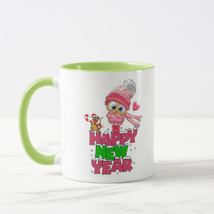 Taza de año nuevo con búho lindo y ardilla