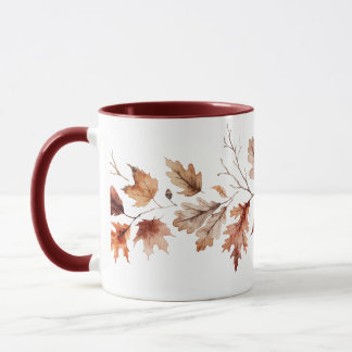 Taza de arte de acuarela de follaje de otoño y piñ