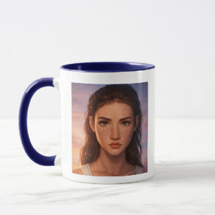 Taza de arte digital de niña con pecas estéticas