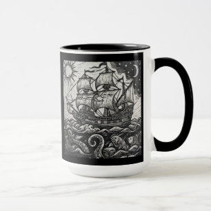Taza de Barco Alto y Monstruo Marino con Grabado e