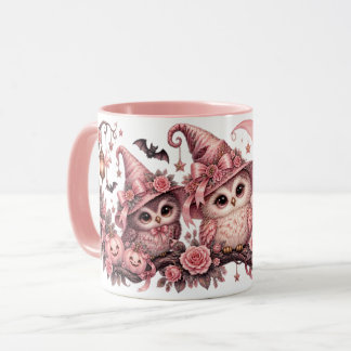 Taza de búhos de Halloween rosados con sombreros d