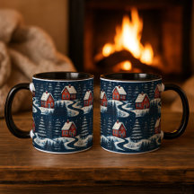 Taza de cabaña de invierno acogedora con arte popu